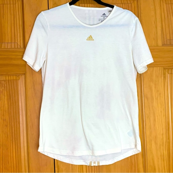 Adidas cream tan stripe athletic shirt, size Medium - Picture 2 of 4